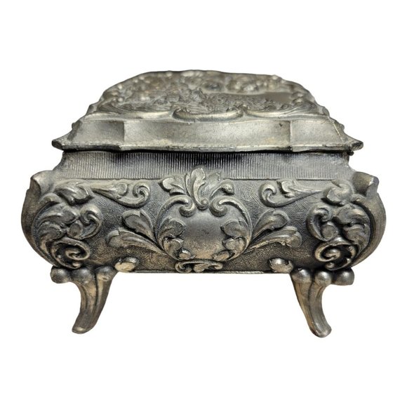 Vintage Footed 3D Victorian Style Silver Metal Trinket Jewelry Velvet Lined - Picture 3 of 10